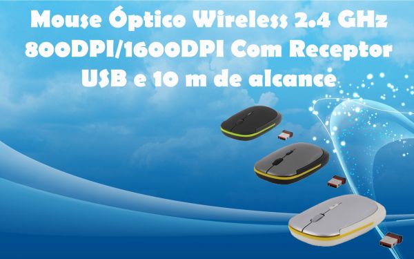 Mouse Óptico Wireless 800DPI/1600DPI Receptor USB